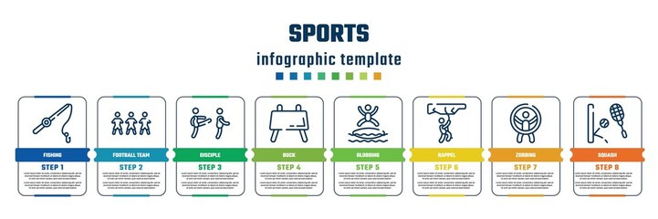 sports concept infographic design template. included fishing, football team, disciple, buck, blobbing, rappel, zorbing, squash icons and 8 steps or options.