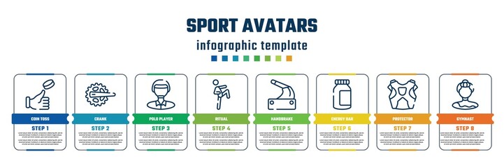 sport avatars concept infographic design template. included coin toss, crank, polo player, ritual, handbrake, energy bar, protector, gymnast icons and 8 steps or options.