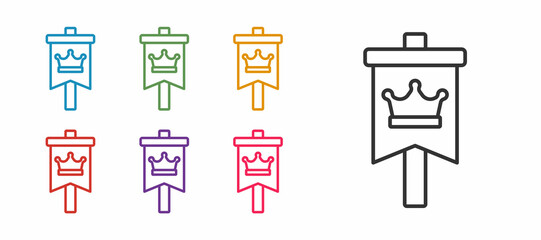 Set line Medieval flag icon isolated on white background. Country, state, or territory ruled by a king or queen. Set icons colorful. Vector