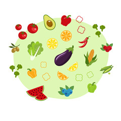 Fruits and vegetables icons. The illustration for a blog about vegetarianism, cooking, healthy lifestyle.