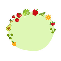 The illustration includes vegetables and fruits: orange, cranberries, avocado, olives, lettuce, bell pepper, tomato, broccoli. Background for a blog about vegetarianism, cooking, healthy lifestyle.