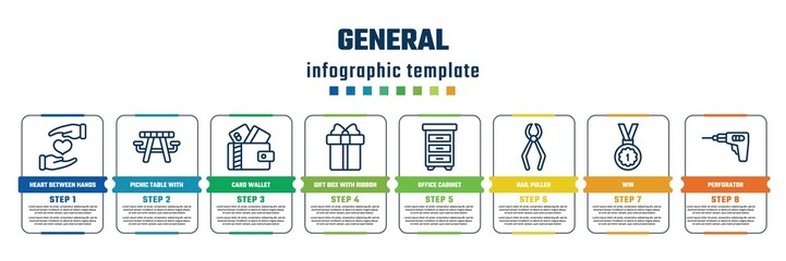 general concept infographic design template. included heart between hands, picnic table with basket, card wallet, gift box with ribbon, office cabinet, nail puller, win, perforator icons and 8 steps
