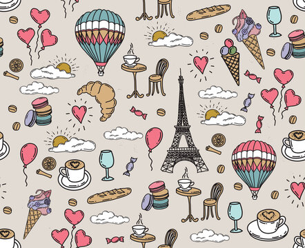 Set of hand drawn French icons, Paris sketch illustration. Vector.