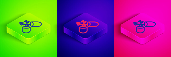 Isometric line Sleeping pill icon isolated on green, blue and pink background. Square button. Vector