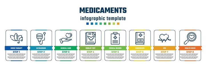 medicaments concept infographic design template. included music therapy, ultrasound, medical care, inkblot test, medical record, vademecum, ecg, health check icons and 8 steps or options.