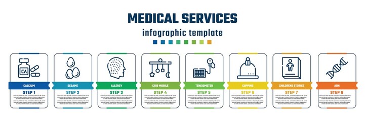 medical services concept infographic design template. included calcium, sesame, allergy, crib mobile, tensiometer, cupping, childrens stories, adn icons and 8 steps or options.