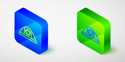 Isometric line Worker safety helmet icon isolated on grey background. Blue and green square button. Vector
