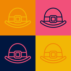 Pop art line Leprechaun hat icon isolated on color background. Happy Saint Patricks day. National Irish holiday. Vector