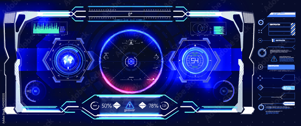 Poster Futuristic Vector HUD Interface Screen Design. Digital callouts titles. HUD UI GUI futuristic user interface screen elements set. High tech screen for video game. Sci-fi concept design.	