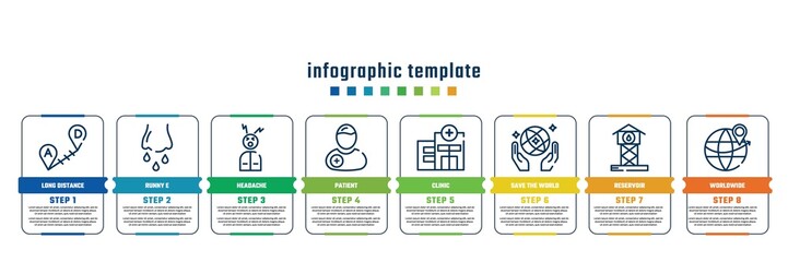 concept infographic design template. included long distance, runny e, headache, patient, clinic, save the world, reservoir, worldwide icons and 8 steps or options.