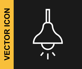 White line Lamp hanging icon isolated on black background. Ceiling lamp light bulb. Vector
