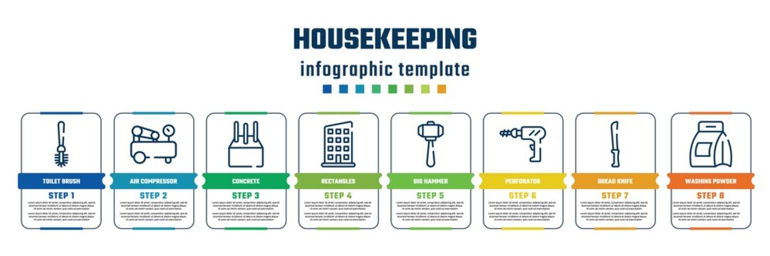 housekeeping concept infographic design template. included toilet brush, air compressor, concrete, rectangles, big hammer, perforator, bread knife, washing powder icons and 8 steps or options.