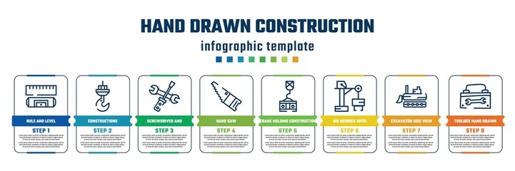 hand drawn construction concept infographic design template. included rule and level, constructions, screwdriver and doble wrench, band saw, crane holding construction panel, big derrick with boxes,