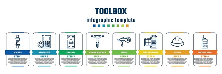 toolbox concept infographic design template. included seat belt, mathematics, switch on, hydraulic breaker, grinder, door and window, utensils, portable radio icons and 8 steps or options.
