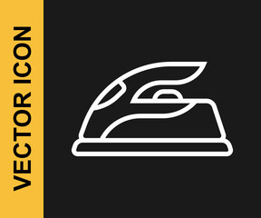 White line Electric iron icon isolated on black background. Steam iron. Vector
