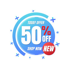 50% percent off, shop, now, Today offer, 3D blue and red design of a bubble, with various background details, Vector illustration, 1Fifty