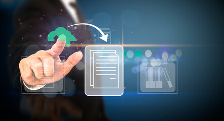 Business hand clicks virtual screen to document management,