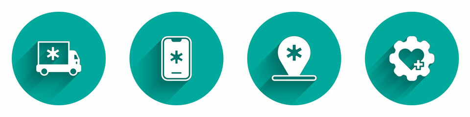 Obraz premium Set Ambulance car, Emergency call 911, Location hospital and Heart with cross icon with long shadow. Vector