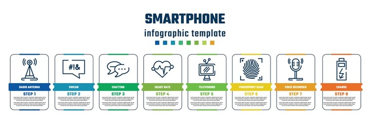 smartphone concept infographic design template. included radio antenna, swear, chatting, heart rate, televisions, fingerprint scan, voice recorder, charge icons and 8 steps or options.