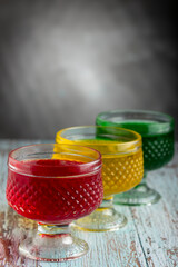 Fruit gelatin in the glass bowl.