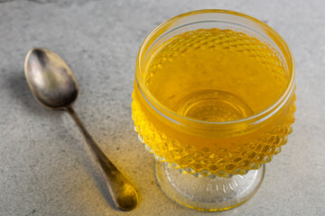 Fruit gelatin in the glass bowl.