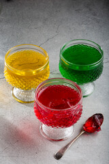 Fruit gelatin in the glass bowl.