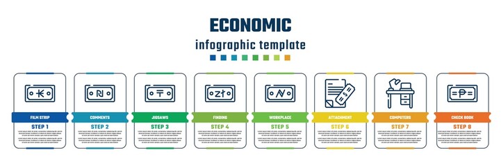 economic concept infographic design template. included film strip, comments, jigsaws, finding, workplace, attachment, computers, check book icons and 8 steps or options.