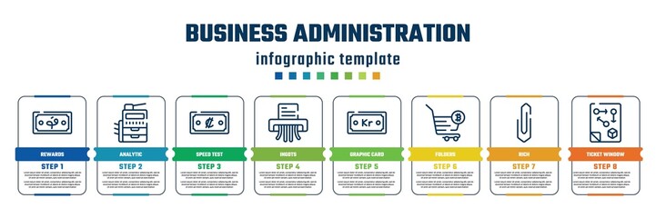 business administration concept infographic design template. included rewards, analytic, speed test, ingots, graphic card, folders, rich, ticket window icons and 8 steps or options.