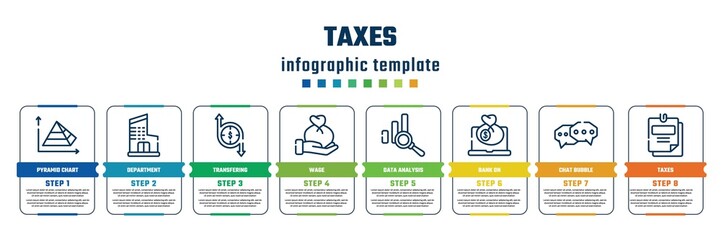 taxes concept infographic design template. included pyramid chart, department, transfering, wage, data analysis, bank on, chat bubble, taxes icons and 8 steps or options.