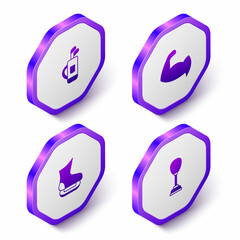 Set Isometric Golf bag with clubs, Bodybuilder showing his muscles, Skates and Punching icon. Purple hexagon button. Vector