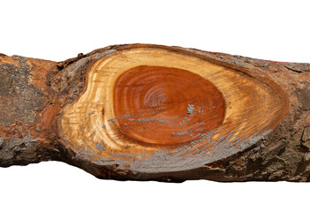 Large circular piece of wood cross section with tree ring texture pattern and cracks isolated on...