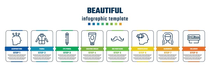 beautiful concept infographic design template. included acupuncture, parka, eye pencil, shaving cream, big mustache, mindfulness, hairdress, solarium icons and 8 steps or options.