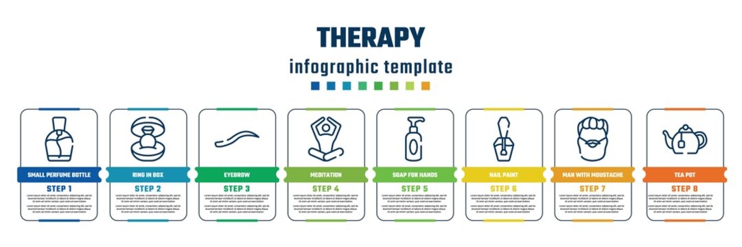 therapy concept infographic design template. included small perfume bottle, ring in box, eyebrow, meditation, soap for hands, nail paint, man with moustache and bear, tea pot icons and 8 steps or