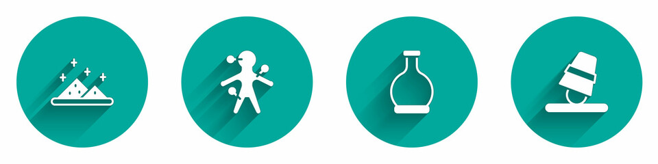 Set Magic powder, Voodoo doll, Bottle with potion and Game thimbles icon with long shadow. Vector
