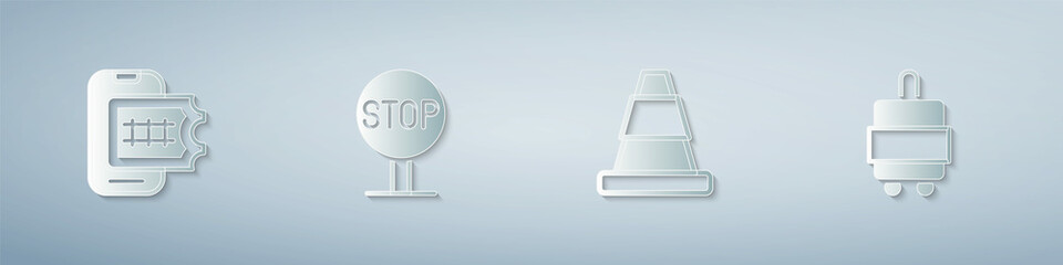 Set Online ticket booking, Stop sign, Traffic cone and Suitcase. Paper art style. Vector