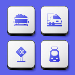 Set Coal train wagon, High-speed, Speed limit traffic sign 100 km and Train and railway icon. White square button. Vector