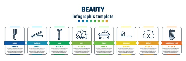 beauty concept infographic design template. included combs, hair iron, cane, lily, foam, brushing, breast, barbershop pole icons and 8 steps or options.