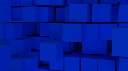 A set of many blue cubes that are collapsing under blue-black lighting background. Conceptual 3D illustration of blockchain, financial system and personal data analysis.