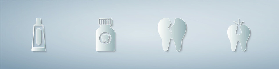 Set Tube of toothpaste, Toothache painkiller tablet, Broken and . Paper art style. Vector