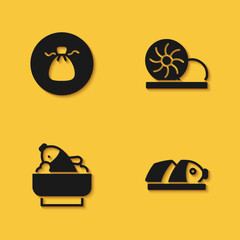 Set Wonton, Fish with sliced pieces, Rice fish in a bowl and Xiao long bao icon with long shadow. Vector