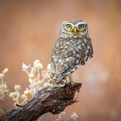 little owl on a log with a warm background