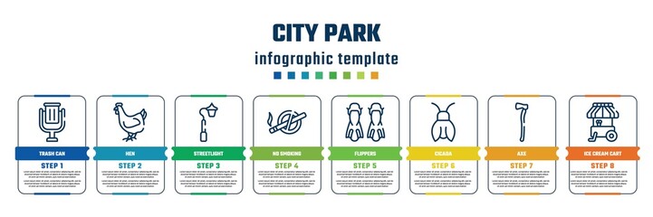 city park concept infographic design template. included trash can, hen, streetlight, no smoking, flippers, cicada, axe, ice cream cart icons and 8 steps or options.