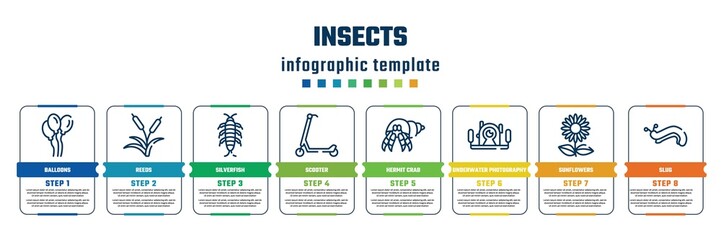 Obraz premium insects concept infographic design template. included balloons, reeds, silverfish, scooter, hermit crab, underwater photography, sunflowers, slug icons and 8 steps or options.