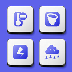 Set Thermometer, Tornado, Lightning bolt and Cloud with snow icon. White square button. Vector