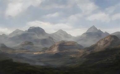 illustration of mountains with clouds in the sky