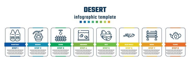 desert concept infographic design template. included waistcoat, beehive, swing, aquarium, nest, blue whale, bench, teapot icons and 8 steps or options.