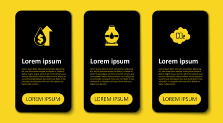 Set CO2 emissions in cloud, Oil tank storage and price increase. Business infographic template. Vector