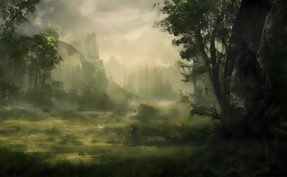 painting of morning in the green forest
