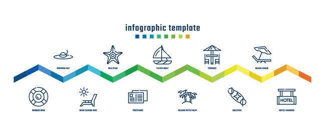 concept infographic design template. included summer hat, rubber ring, sea star, deck chairs and sun, yatch boat, postcard, terrace, island with palm trees, beach chair, hotel hanging icons.