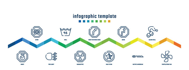 concept infographic design template. included atom, hoist, null, fog light, right reverse bend, radiactive, bend, half star, sleigh bell, ventilating fan icons.